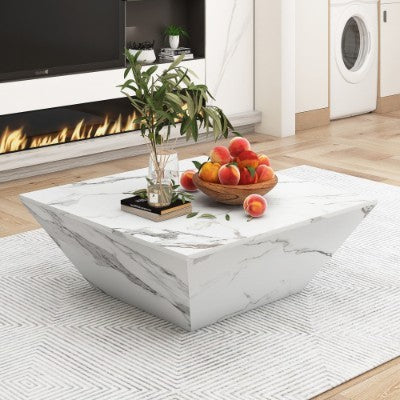 Marble-Effect PVC Coffee Table 70x70cm – White Nesting Side Table with Storage