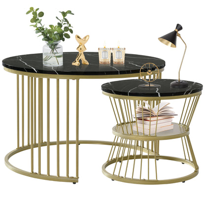 Set of 2 Round Nesting Coffee Tables with Gold Metal Frame & Marble‑Pattern Tops – Black