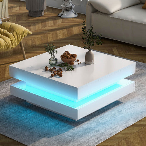 White Square High-Gloss Coffee Table 70x70cm – 360° Rotating Top with 16-Color LED
