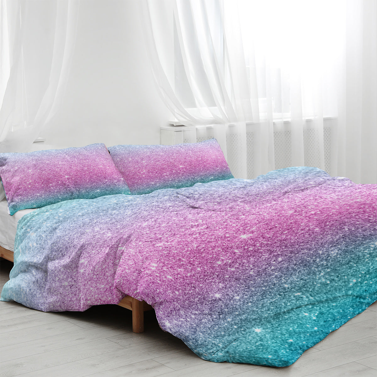 Celestial Dream Rainbow Glitter Ombre Bedding Set | 3-Piece Pastel Duvet Cover Set with 2 Pillow Shams, Purple Blue Green (Double/Full)