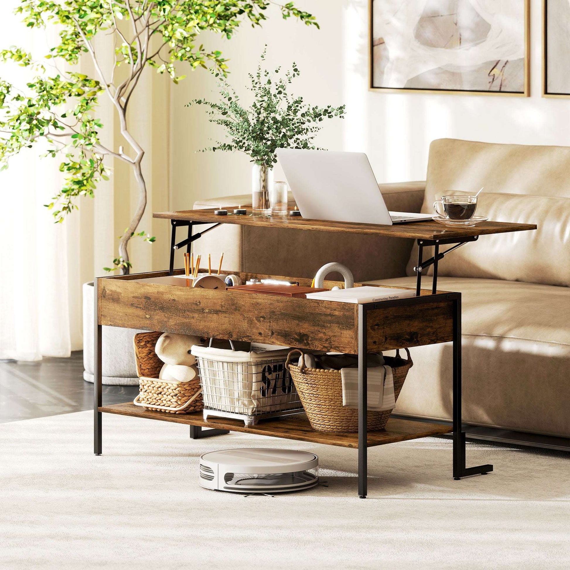 Rustic Brown Lift‑Top Coffee Table with Storage & Metal Frame