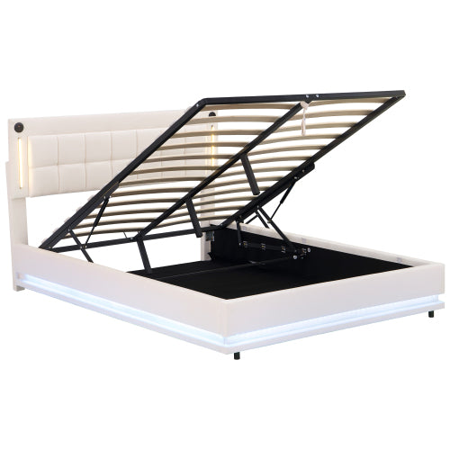 Beige 4ft6 Velvet LED Hydraulic Storage Bed with USB & Type‑C Charging Station