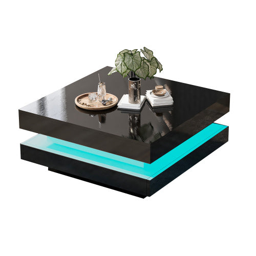White Square High-Gloss Coffee Table 70x70cm – 360° Rotating Top with 16-Color LED