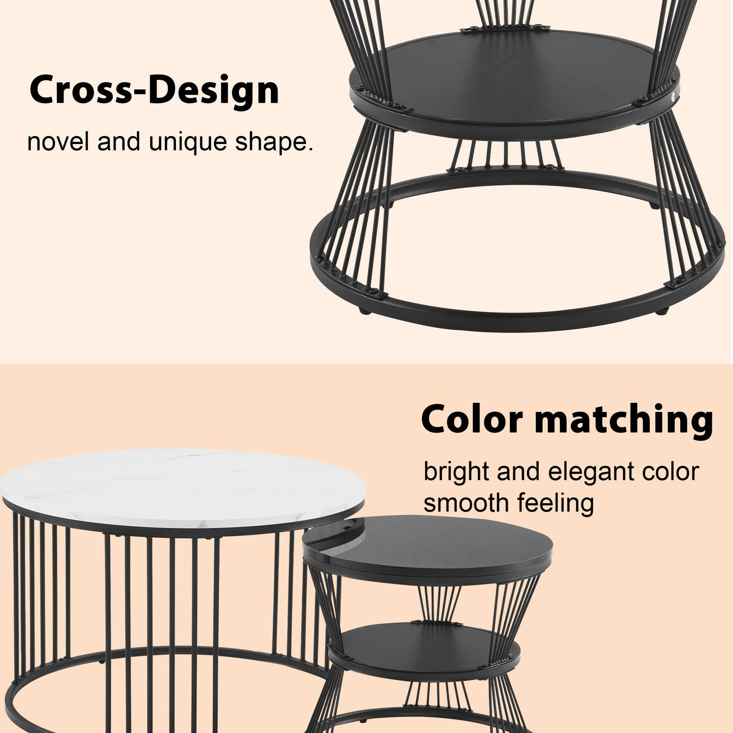 Helios Nesting Coffee Tables Set of 2 – Round Marble-Effect Top with Black Frame