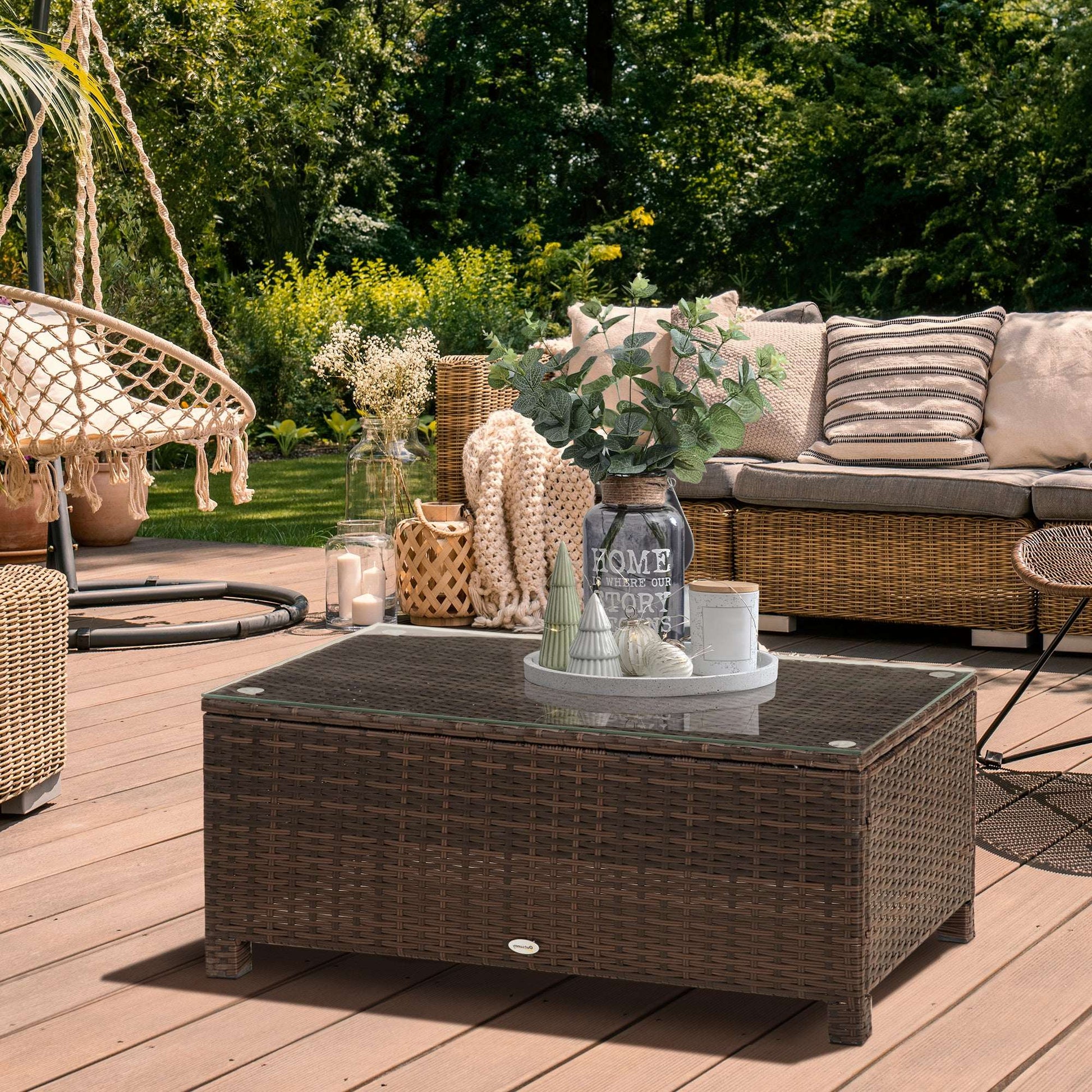 Brown PE Rattan Garden Coffee Table with Tempered Glass Top