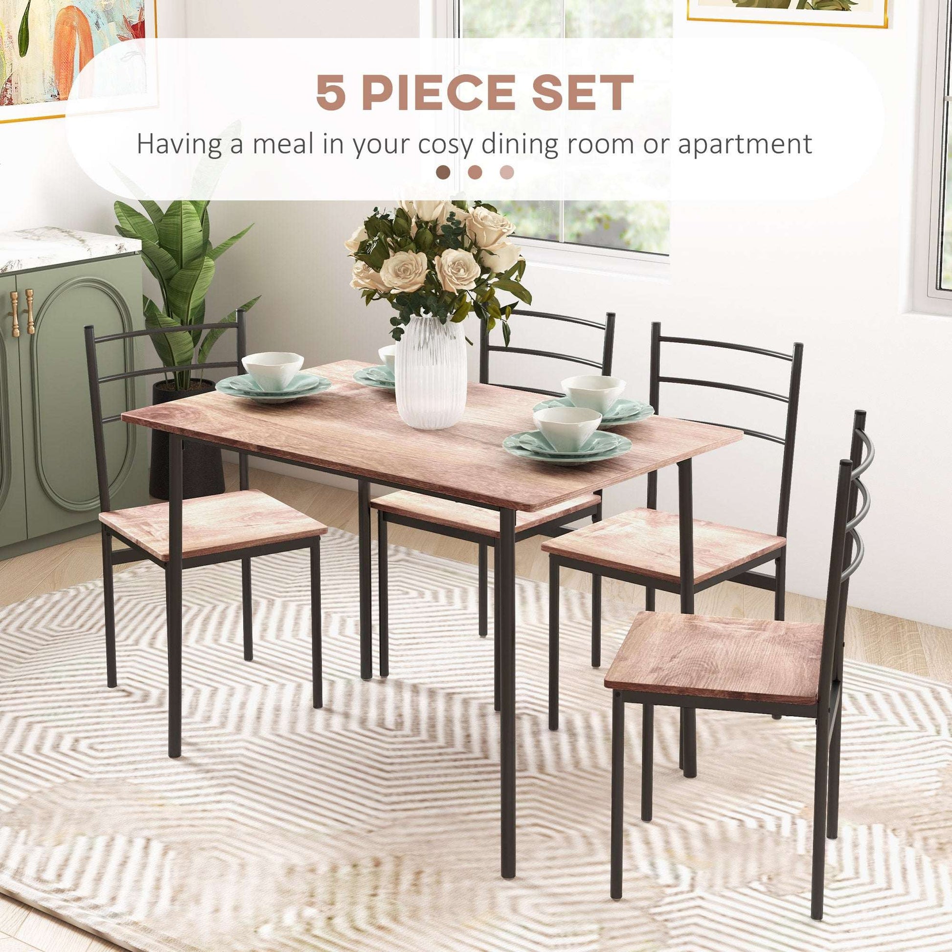 5 Piece Dining Table And Chairs Set, Dining Room Sets, Steel Frame Space Saving Table And 4 Chairs For Compact Kitchens, Black