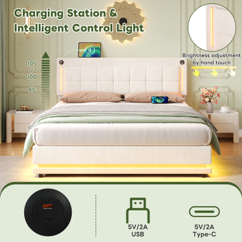 Beige 4ft6 Velvet LED Hydraulic Storage Bed with USB & Type‑C Charging Station