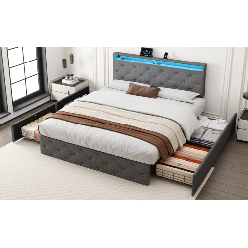 Grey 4ft6 Linen Upholstered Bed with 4 Storage Drawers, LED Lighting & USB/Type‑C Charging