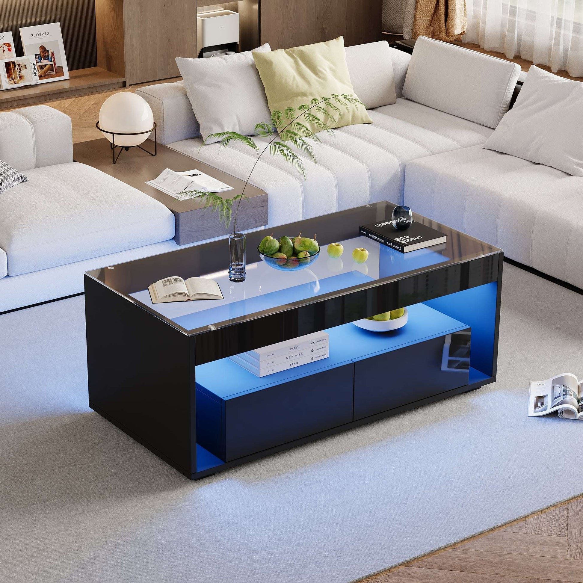 Black High‑Gloss LED Coffee Table with Glass Top & Drawers