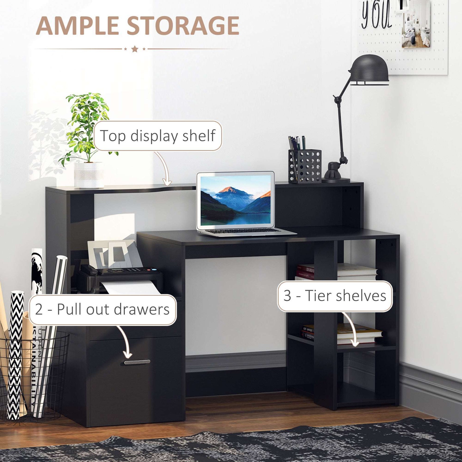Computer Desk With Drawers And Storage Shelves, Office Desk Writing Table With Printer Stand, Large Workstation For Study Play Work Home Office, 137 X 55 X 92cm, Black