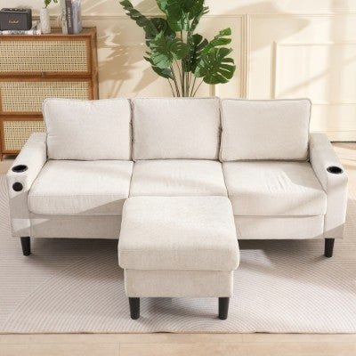 L-Shaped Corner Sofa 3-Seater – Sectional Couch with USB & Cup Holder, Beige