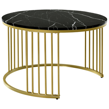 Set of 2 Round Nesting Coffee Tables with Gold Metal Frame & Marble‑Pattern Tops – Black