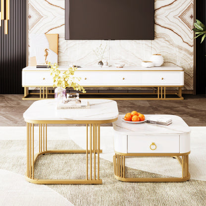 Set of 2 High‑Gloss Marble Nesting Coffee Tables with Gold Accents & Drawer