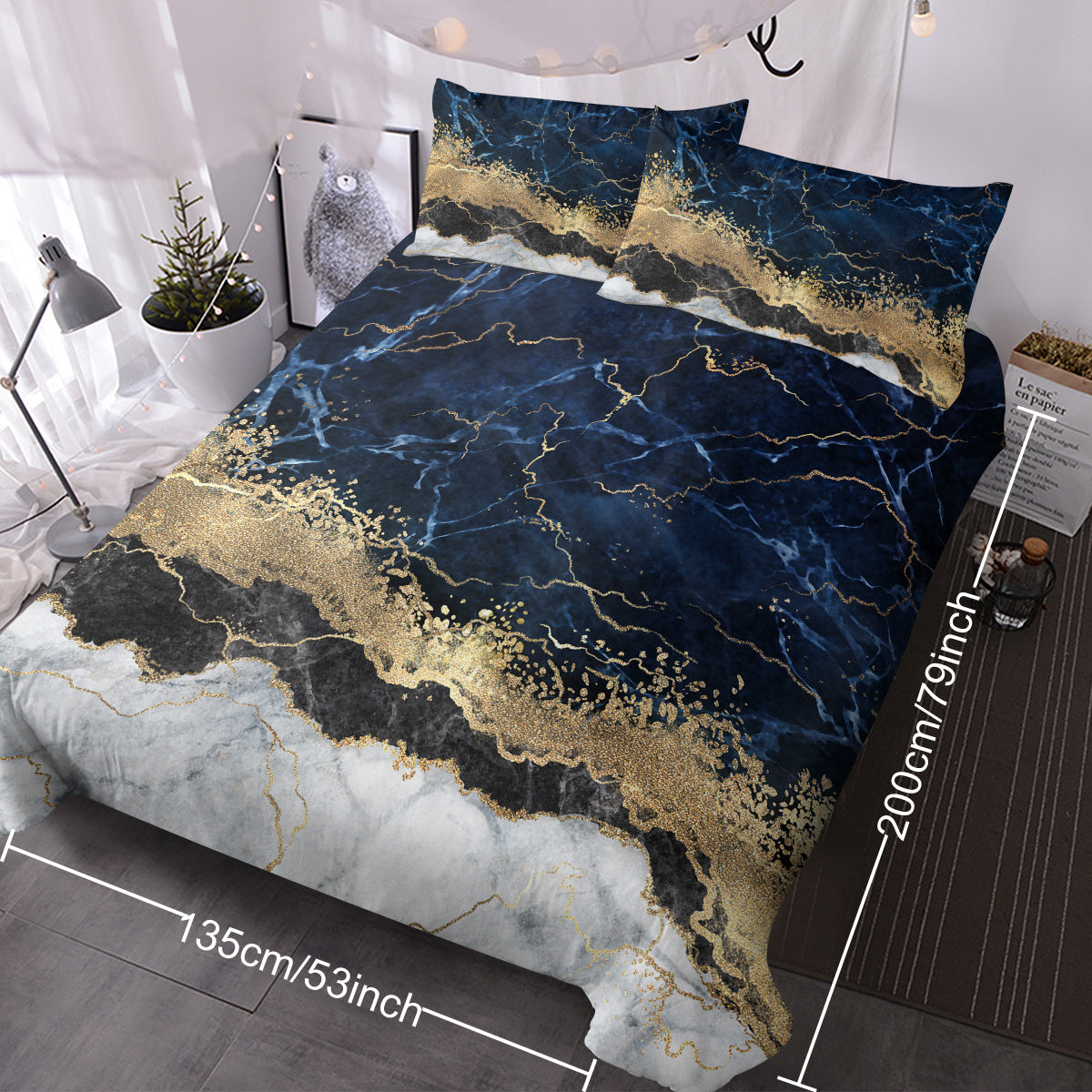 Carrara Noir Marble Duvet Cover Set | Navy Blue & Gold Marble Print Bedding Set, King Size 3-Piece with 2 Pillowcases