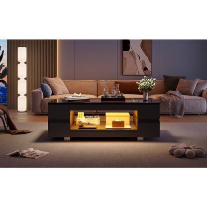 Black High‑Gloss LED Hollow Coffee Table with Glass Top