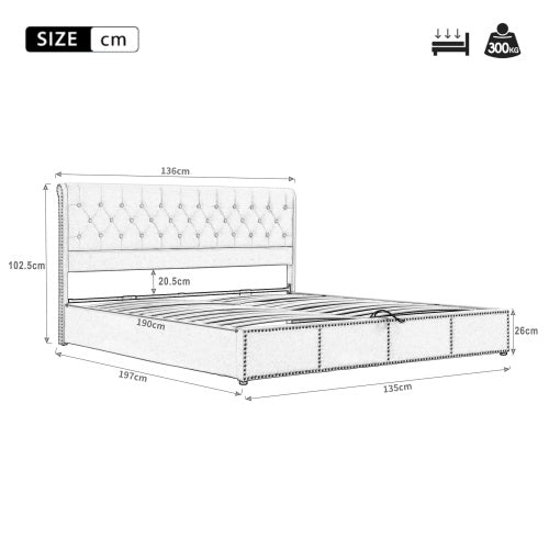 Upholstered Double Bed 4ft6 – Light Grey Linen with Storage & Rivets