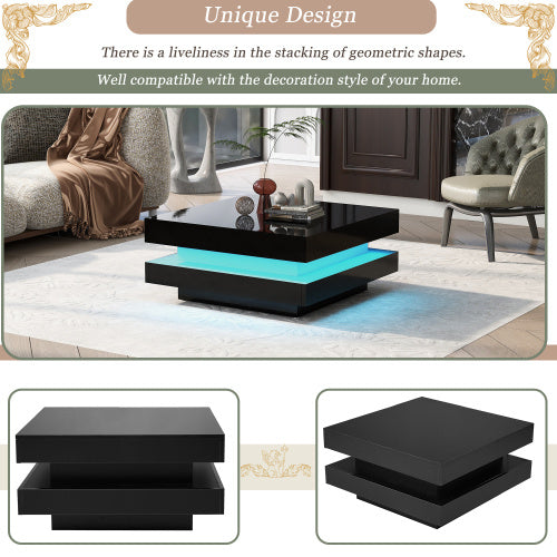 White Square High-Gloss Coffee Table 70x70cm – 360° Rotating Top with 16-Color LED
