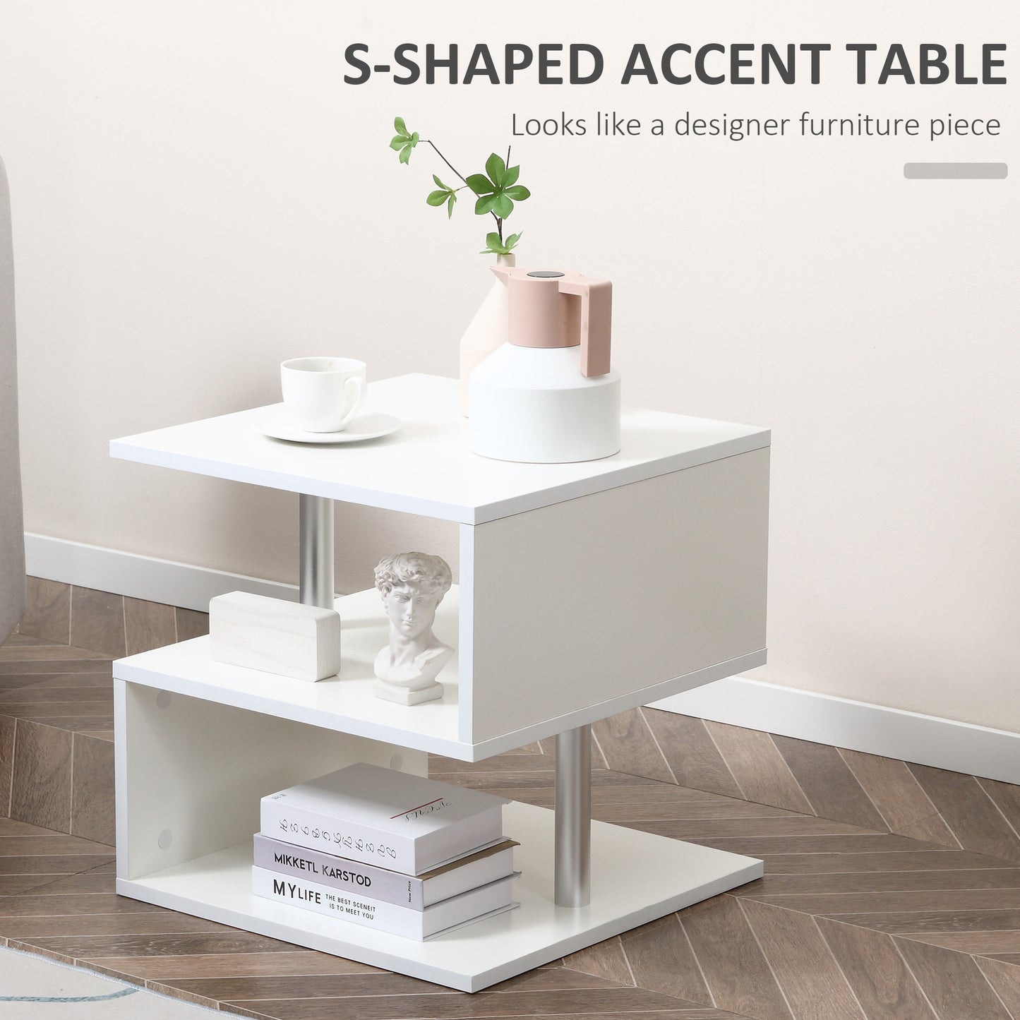 White S‑Shaped Wooden Coffee Table with 2‑Tier Storage Shelves & Metal Supports