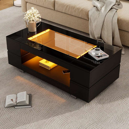 Black High‑Gloss LED Hollow Coffee Table with Glass Top