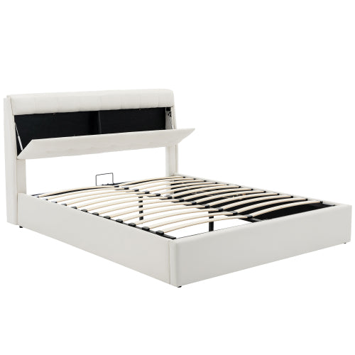 Fashion Upholstered Bed,150x200  5ft, King Bed,Hydraulic Bed,Concealed Headboard Storage,Bed Box Storage,PU,With Slats And Headboard,Without Mattress,Cream White