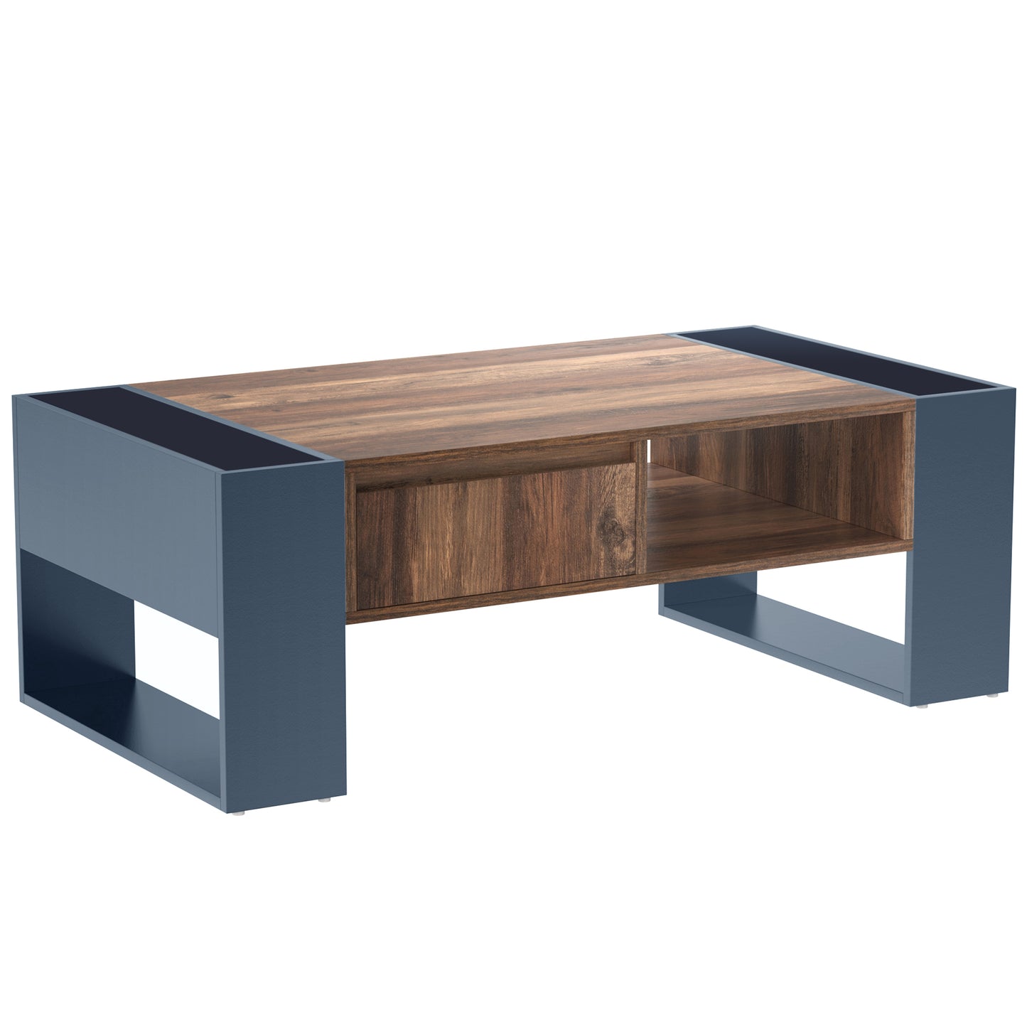 Wood Grain Coffee Table with Handleless Drawer & Double‑Sided Storage – Black/Grey