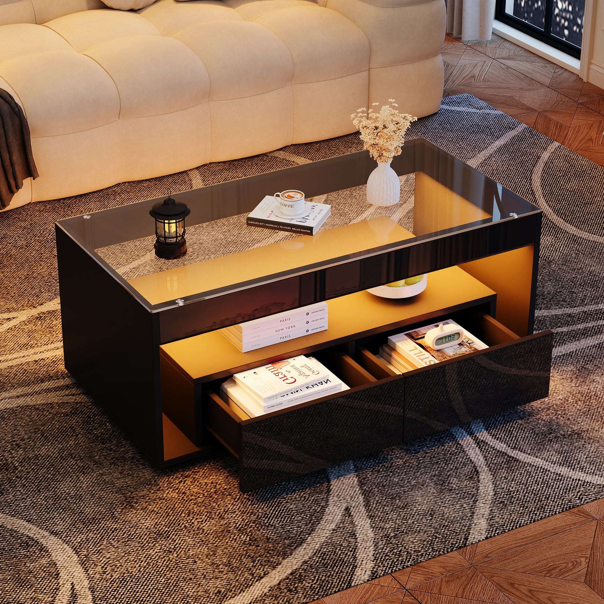 Black High‑Gloss LED Coffee Table with Glass Top & Drawers