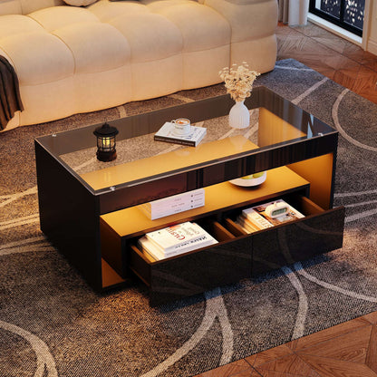 Black High‑Gloss LED Coffee Table with Glass Top & Drawers