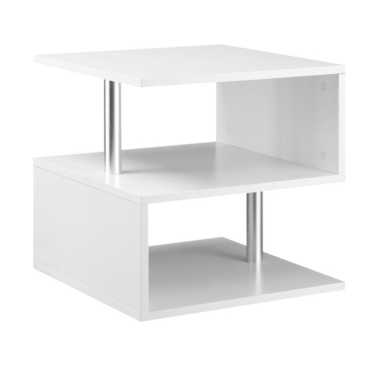 White S‑Shaped Wooden Coffee Table with 2‑Tier Storage Shelves & Metal Supports