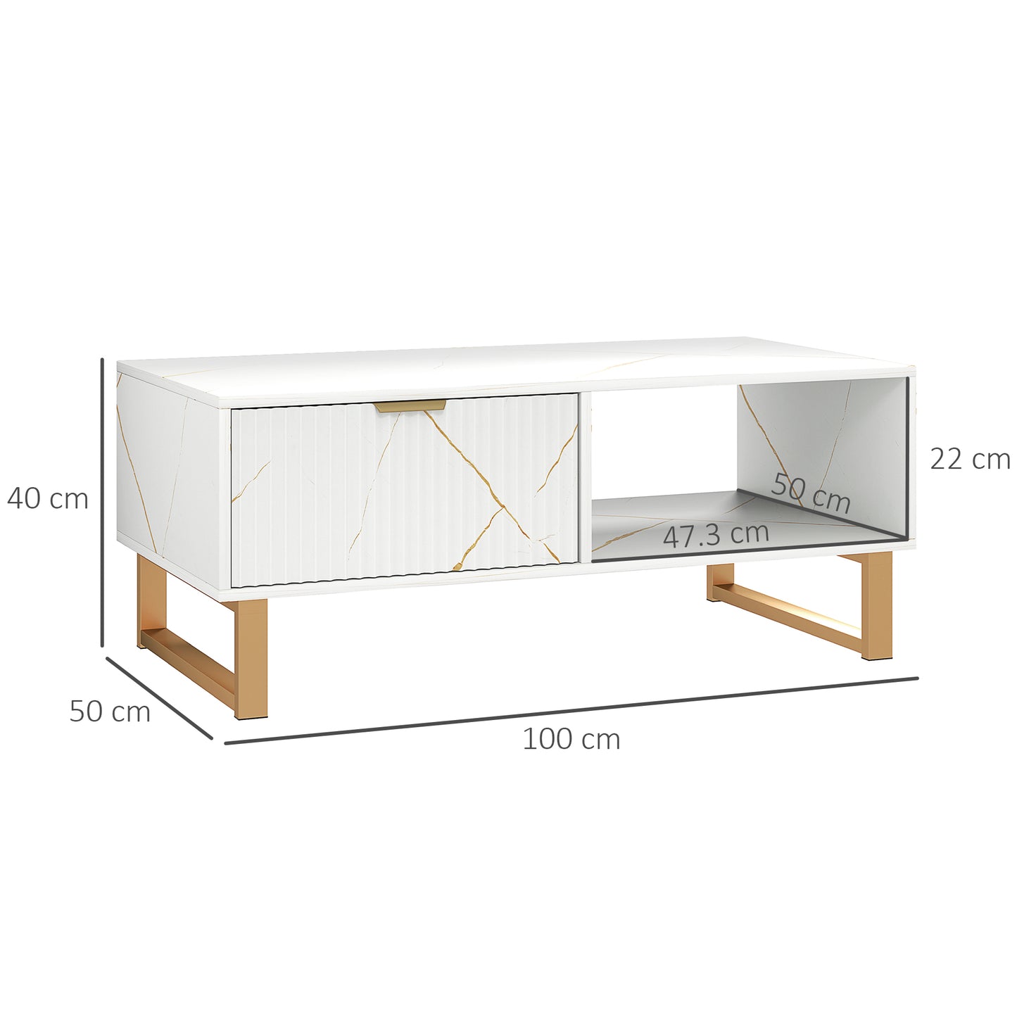 White Marble Effect Coffee Table with Drawer and Shelves – Gold Accents
