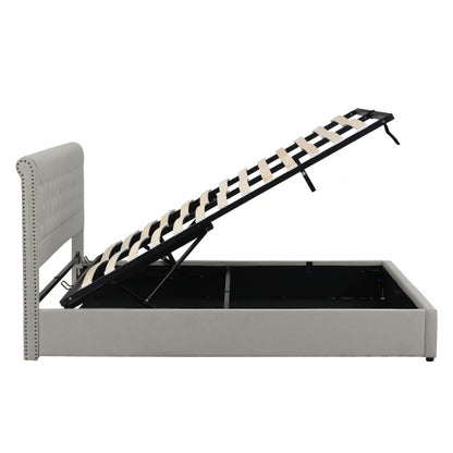 Upholstered Double Bed 4ft6 – Light Grey Linen with Storage & Rivets