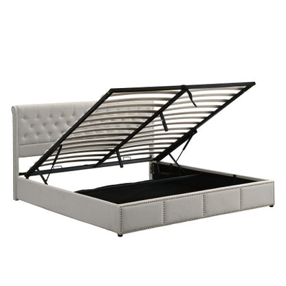 Upholstered Double Bed 4ft6 – Light Grey Linen with Storage & Rivets